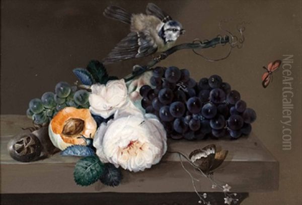 Obststillleben Mit Rose Und Vogel Oil Painting by Johann Baptist Drechsler