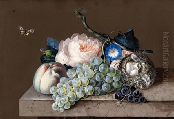 Obststillleben Mit Blumen Und Vogelnest Oil Painting by Johann Baptist Drechsler