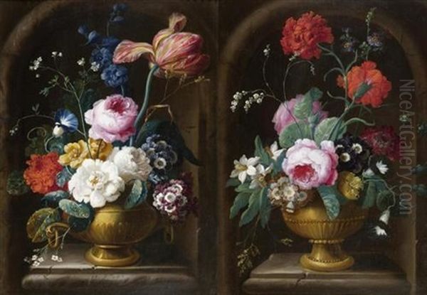 Blumenstrauss In Einer Steinnische (pair) Oil Painting by Johann Baptist Drechsler