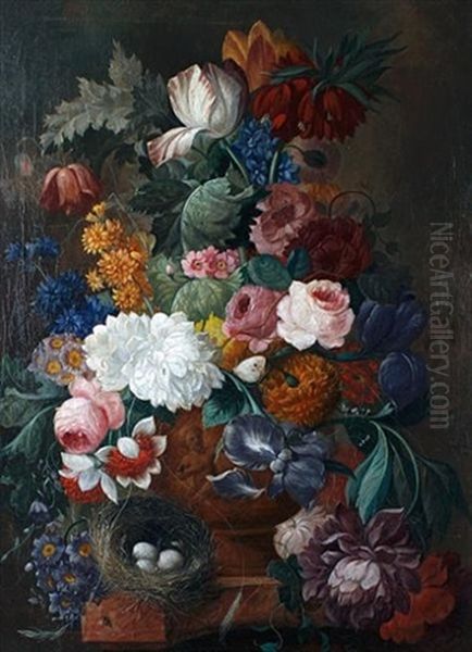 An Arrangement Of Flowers In A Classical Vase, With A Birds Nest Upon A Ledge Oil Painting by Johann Baptist Drechsler