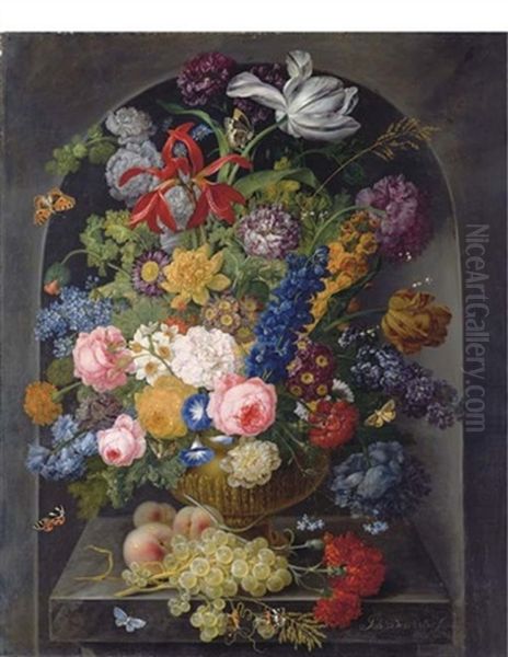 Roses, Carnations, Tulips And Other Flowers In A Gold Sculpted Urn With Peaches Oil Painting by Johann Baptist Drechsler