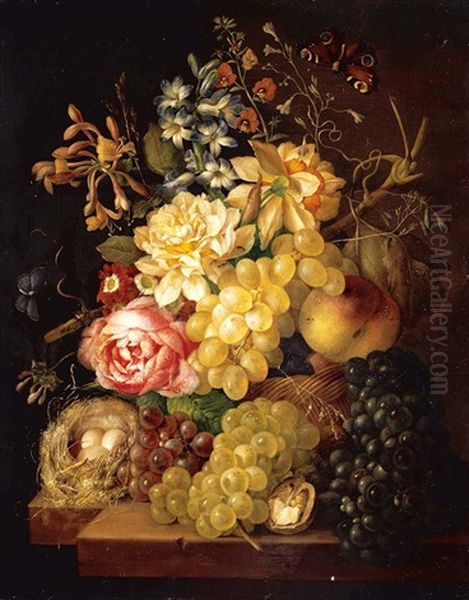 Still Life Of Roses, Honeysuckle And Other Flowers With Peaches And Grapes In A Basket, Together With Grapes, Half A Walnut And A Birds Nest Upon A Ledge Oil Painting by Johann Baptist Drechsler