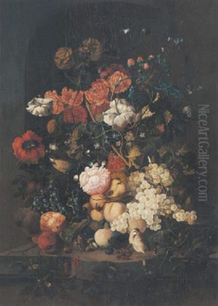 Still Life With Various Flowers, Grapes, Apricots, Pomegranates And Blackberries, Together With Butterflies, Sparrows And Thier Chicks In A Niche Oil Painting by Johann Baptist Drechsler