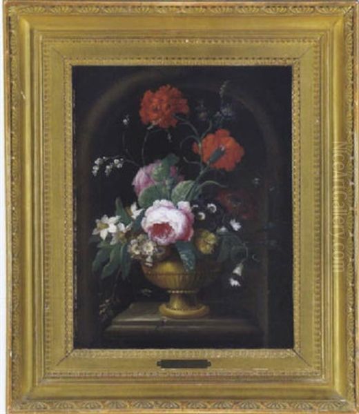 Ein Blumenstraus Mit Rosen, Nelken Und Anderen Bluten In Einer Plastisch Verzierten Metallvase Oil Painting by Johann Baptist Drechsler