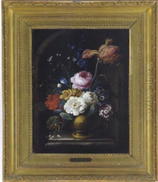 Ein Blumenstraus Mit Tulpe, Rose, Pfingstrose, Wicken Und Anderen Bluten In Einer Plastisch Metallvase Oil Painting by Johann Baptist Drechsler