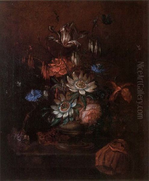 A Still Life Of A Tulip, Passion Flowers, Roses And A Peonie In A Vse Oil Painting by Johann Baptist Drechsler