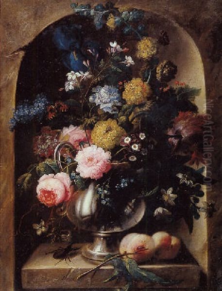 Still Life Of Roses, An Iris, Lilacs And Other Flowers In A Glass Vase Resting On A Stone Ledge With Peaches And A Beetle, Within A Niche Oil Painting by Johann Baptist Drechsler