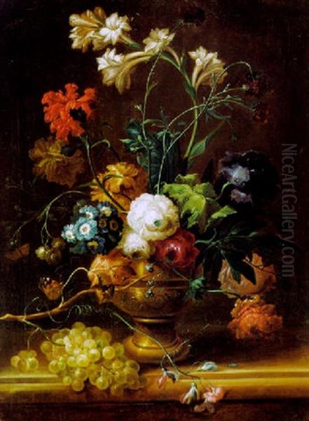 Blumenstraus In Einer Ornamental Verzierten Vase Und Weintrauben Auf Einer Tischplatte Oil Painting by Johann Baptist Drechsler