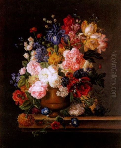 Blumenstilleben Mit Rosen, Iris, Akeleien In Einer Tonvase Auf Einer Steinplinthe Oil Painting by Johann Baptist Drechsler