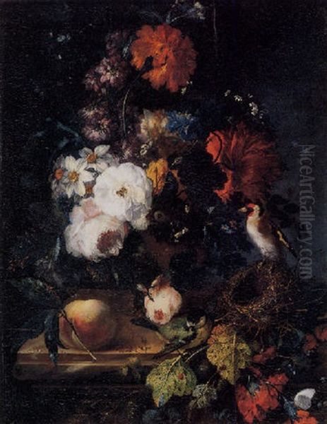 Still Life Of Roses, Narcissus And Other Flowers In An Urn Resting On A Pedestal With A Peach, Butterflies And Two Birds Oil Painting by Johann Baptist Drechsler