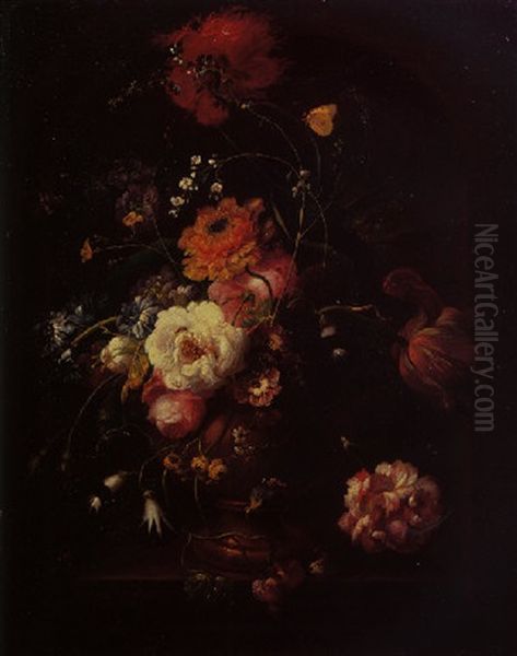 A Still Life Of A Poppy, Roses, Tulips, Convolvulus And Other Flowers In A Terracotta Vase In A Stone Niche Oil Painting by Johann Baptist Drechsler