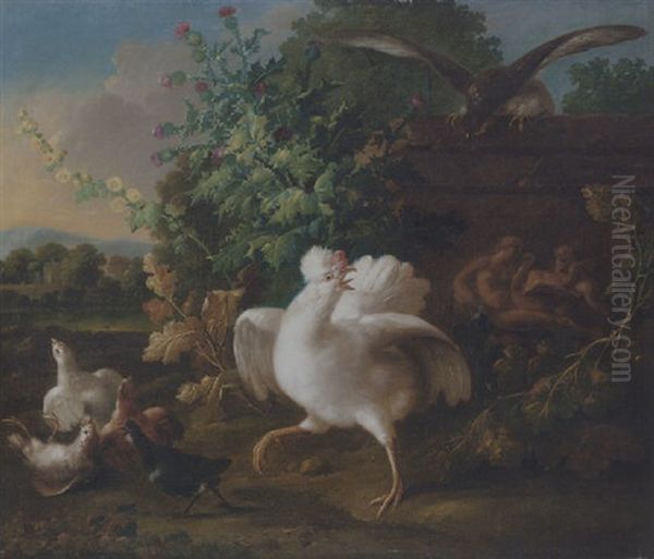 Poultry By A Plinth Decorated With A Bas-relief Of Leda And The Swan In A Landscape Oil Painting by Johann Baptist Drechsler