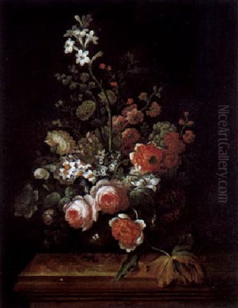 Ein Blumenstraus Von Rosen, Tulpen, Narzissen, Primeln, Passionsblumen, Iris Und Anderen Bluten In Einer Glasvase Oil Painting by Johann Baptist Drechsler