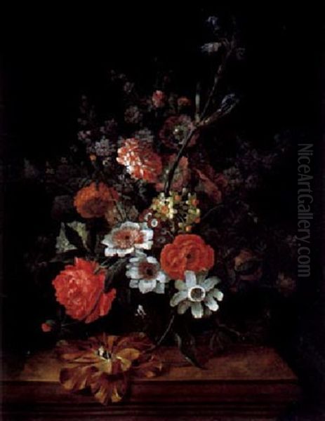 Ein Blumenstraus Von Rosen, Tulpen, Narzissen, Primeln, Passionsblumen, Iris Und Anderen Bluten In Einer Glasvase Oil Painting by Johann Baptist Drechsler