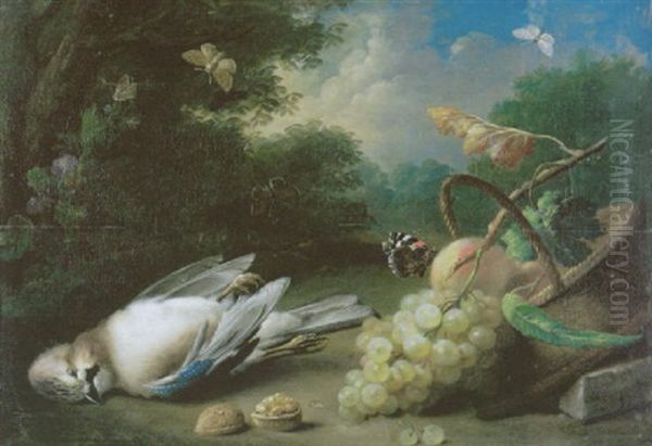 Fruchte In Einem Korb, Insekten, Nusse Und Ein Vogel Vor Einer Landschaft Oil Painting by Johann Baptist Drechsler