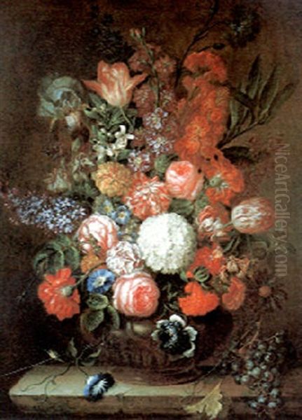 A Bouquet Of Roses, Carnations, Lilac, Tulips, Iris And Other Blossoms In A Clay Vase by Johann Baptist Drechsler