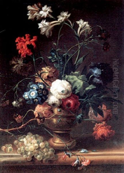 A Bouquet Of Flowers In A Decorated Vase And Grapes On A Table Top Oil Painting by Johann Baptist Drechsler