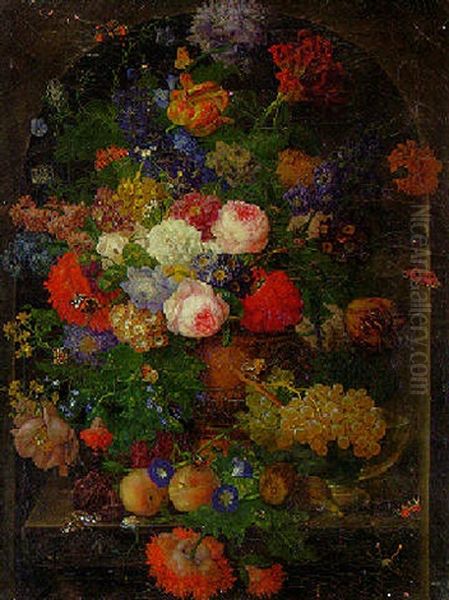 Roses, Parrot Tulips, And Other Flowers In A Terracotta Urn Oil Painting by Johann Baptist Drechsler