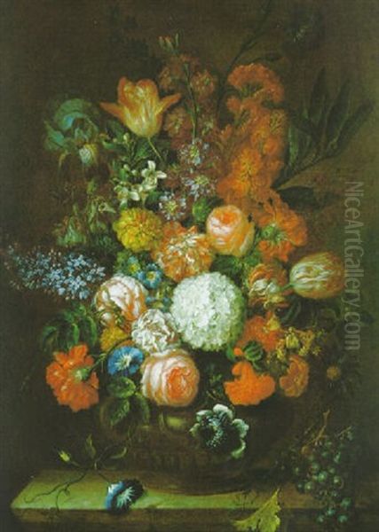 Blumenstraus Von Rosen, Nelken, Schneeball, Flieder Und Anderen Blumen In Einer Tonvase Oil Painting by Johann Baptist Drechsler