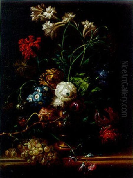 Carnations, Lilies, Peonies, And A Polyanthus In An Urn On A Ledge With Grapes, A Red Admiral And A Cabbage White Butterfly Oil Painting by Johann Baptist Drechsler