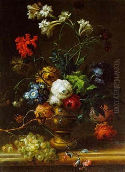 Blumenstrauss In Einer Ornamental Verzierten Vase Und Weintrauben Auf Einer Tischplatte Oil Painting by Johann Baptist Drechsler