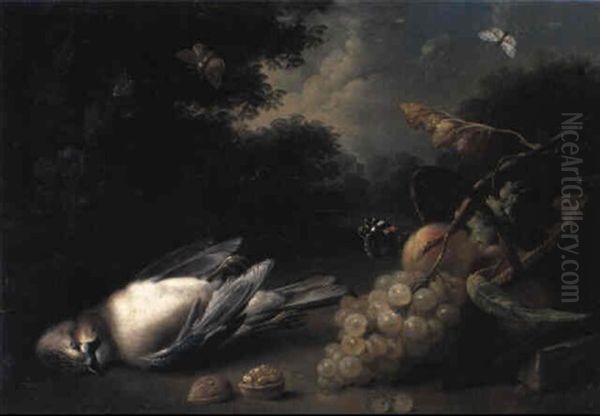 Still Life With Dead Jay And Fruit In Landscape Oil Painting by Johann Baptist Drechsler