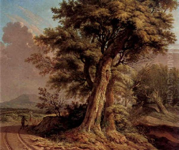 Landscape With Travellers On A Path Near Trees Oil Painting by Johannes Van Drecht