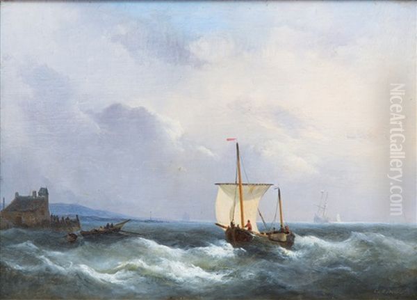 Sailing Vessels Near The Coast Oil Painting by Christiaan Lodewijk Willem Dreibholtz