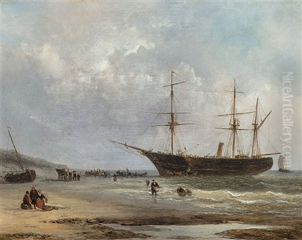 A Ship Moored On The Shore Oil Painting by Christiaan Lodewijk Willem Dreibholtz