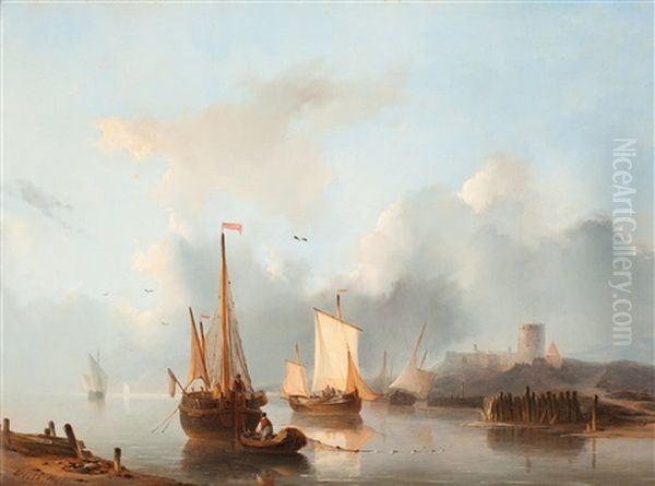 Kanalmotiv Med Fartyg Pa Redden Nedanfor En Borg Oil Painting by Christiaan Lodewijk Willem Dreibholtz