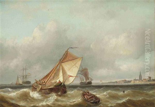 A Seascape With A Town In The Distance Oil Painting by Christiaan Lodewijk Willem Dreibholtz