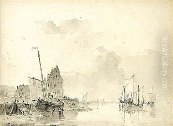 Boats Along The Quay At Low Tide Oil Painting by Christiaan Lodewijk Willem Dreibholtz