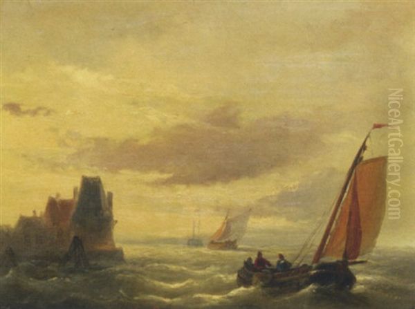 Sailing Vessels By A Coast Oil Painting by Christiaan Lodewijk Willem Dreibholtz