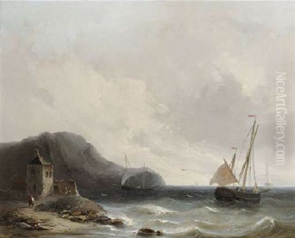 Shipping In A Breeze Off A Rocky Coast Oil Painting by Christiaan Lodewijk Willem Dreibholtz