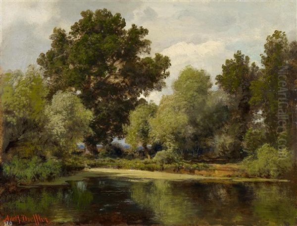 Bewaldete Teichlandschaft Oil Painting by Adolf Dressler