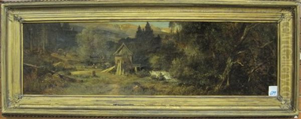 Landscape With Two Men Hailing Horse Drawn Wagon As Woman With Two Children Watch, Cabin With Nearby Stream, Mountains In The Distance Oil Painting by Adolf Dressler