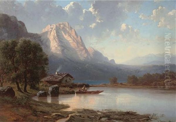 Fishing In The Lake In A Mountainous Landscape Oil Painting by Adolf Dressler