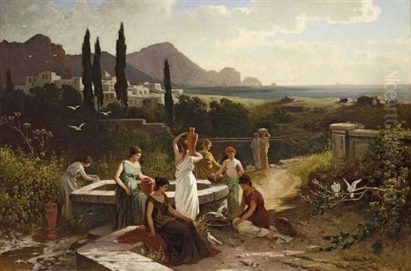 Frauen Am Brunnen In Italienischer Landschaft Oil Painting by Friedrich Wilhelm Albert Dressler