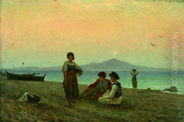 Spielende Kinder An Der Bucht Von Neapel Oil Painting by Friedrich Wilhelm Albert Dressler