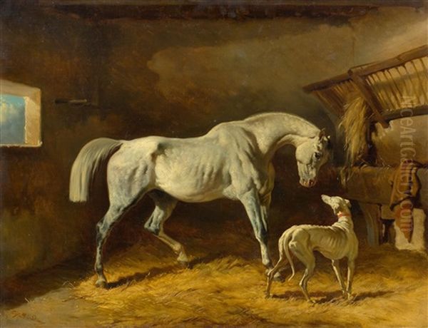 Les Compagnons D'ecurie, Cheval Gris Et Levrier Dans Une Ecurie Oil Painting by Alfred De Dreux