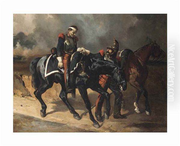 Cuirassier Blesse Et Cuirrassier Tenant La Bride De Son Cheval Oil Painting by Alfred De Dreux