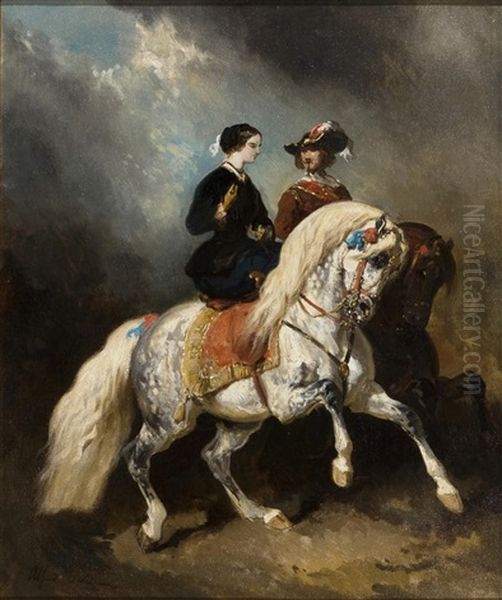 A Romantic Couple Oil Painting by Alfred De Dreux