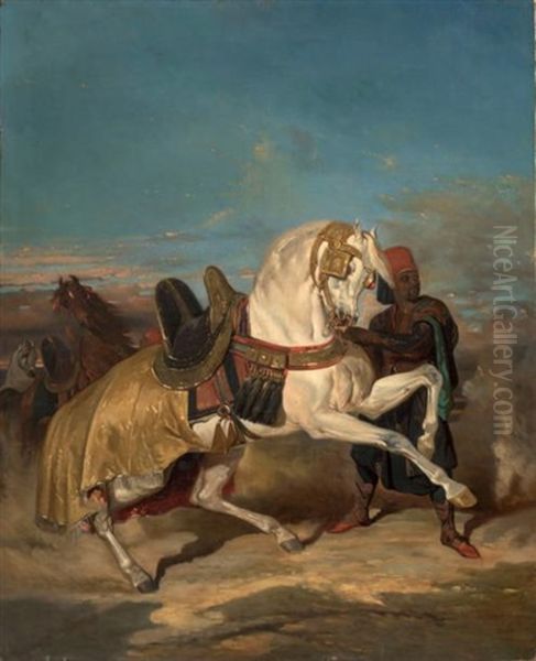 Cheval Arabe Maintenu Par Son Palefrenier Oil Painting by Alfred De Dreux