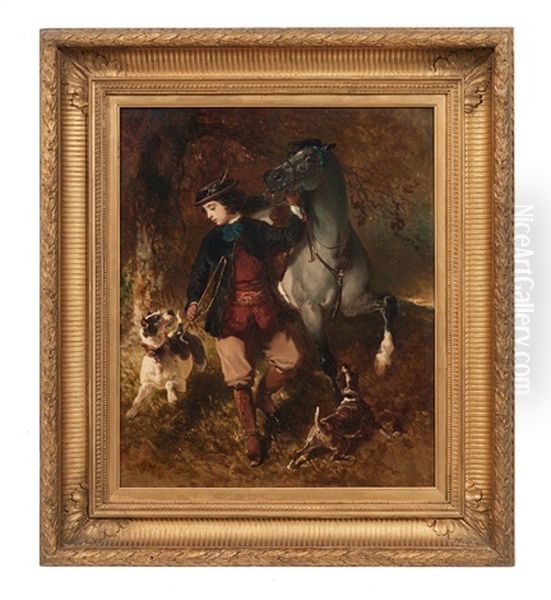 Jeune Cavalier Tenant Son Cheval Par La Bride Et Ses Chiens Oil Painting by Alfred De Dreux