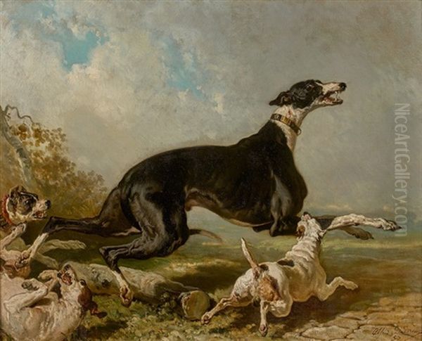 Les Freres Ennemis, Chiens Attaquant Un Levrier Oil Painting by Alfred De Dreux