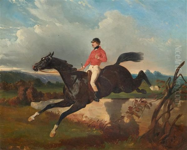 An Equestrian On Horseback Jumping An Obstacle In A Landscape Oil Painting by Alfred De Dreux