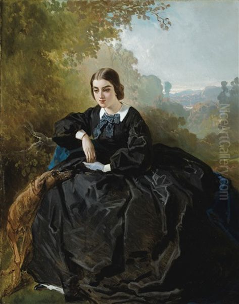 Jeune Femme En Noir, Songeuse Oil Painting by Alfred De Dreux