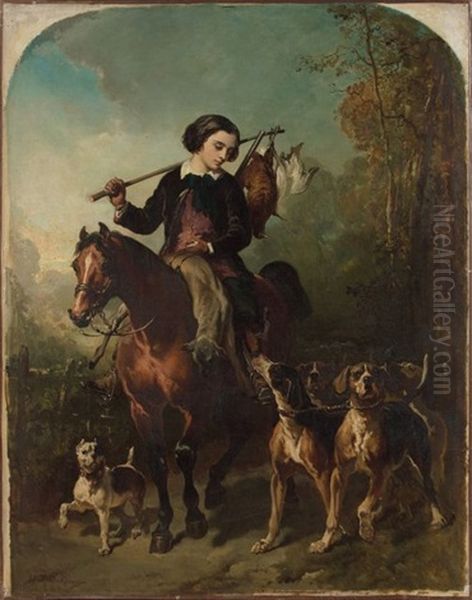 Jeune Cavalier Revenant De La Chasse Oil Painting by Alfred De Dreux