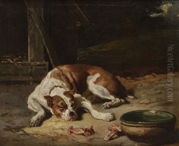 Chien Endormi Devant Une Ecuelle Oil Painting by Alfred De Dreux