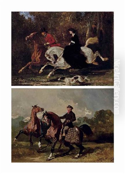 Chasseurs A Courre; Et Le Lad Oil Painting by Alfred De Dreux